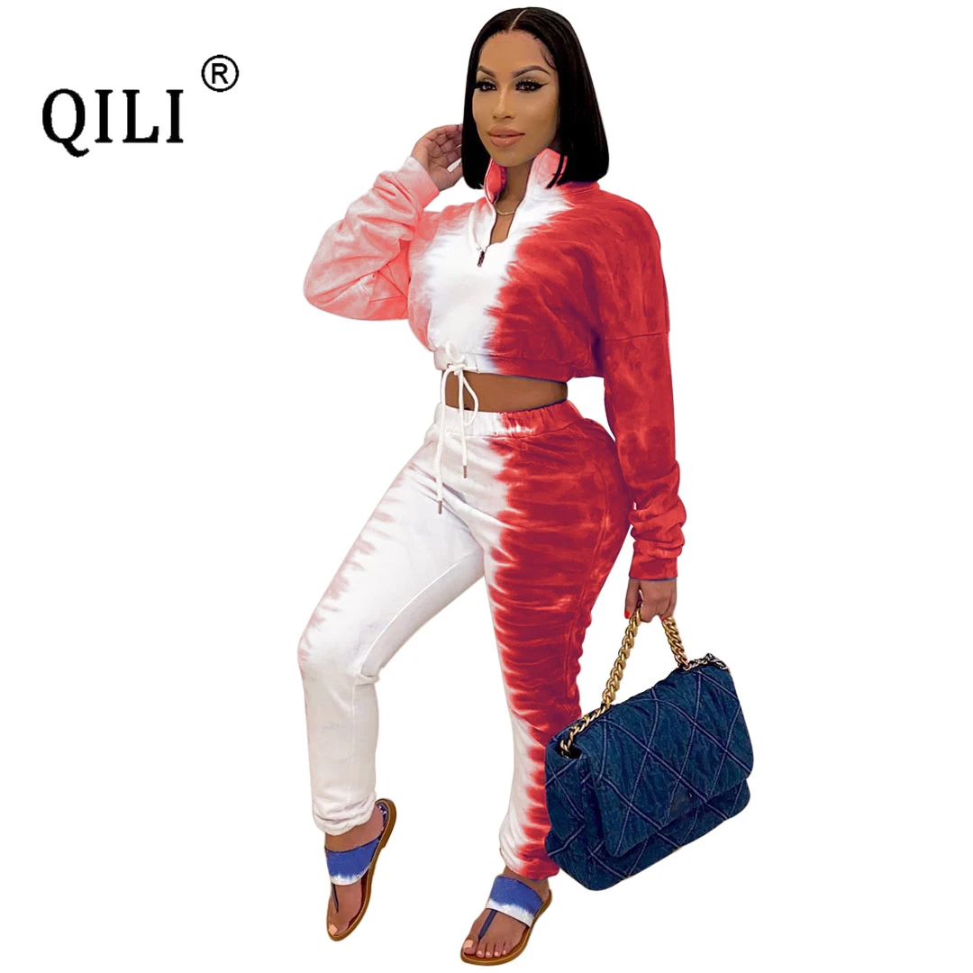 

QILI Printed Zipper Drawstring Long-sleeved Tie Trousers Two-piece Nightclub Wear Womens Outfits Top + Pants 2 Piece Set Autumn