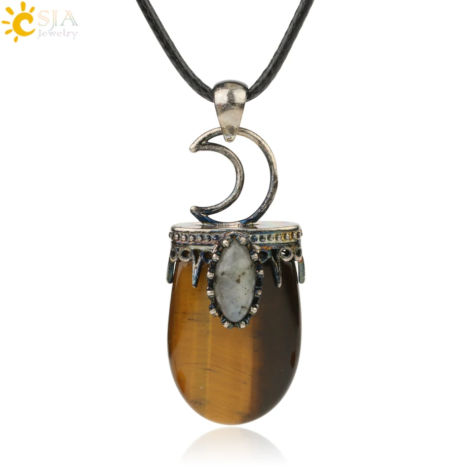 CSJA ожерелье с кулоном из натурального камня с кристаллами, винтажное фиолетовое розовое ожерелье с кулоном из кварца, античное Серебряное украшение в виде короны и Луны G274 - Окраска металла: Tiger Eye Chain