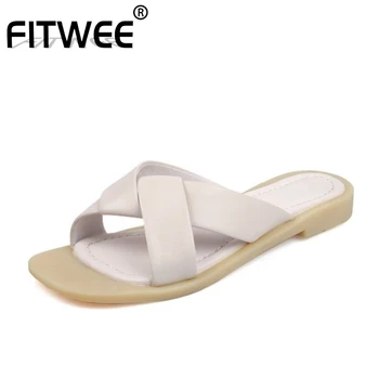 

FITWEE Size 34-39 Women Shoes Real Leather Sandals Peep Toe Flat Heel Slip On Shoes Casual Solid Color Footwear