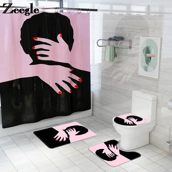 

Zeegle Bath Mat Microfiber Shower Curtain Carpet Set Anti Slip Mats for Bathroom Water Absorbent Rug Suit Couple Printing