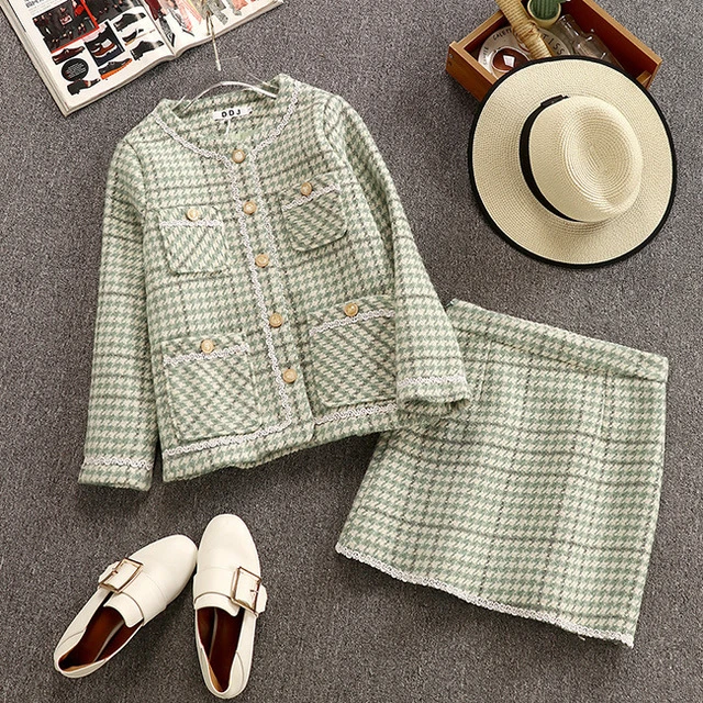 1106Tweed Vefinear, Осень-зима, сексуальные клетчатые топы и мини-платья, комплект из 2 предметов, на пуговицах, открытая облегающая юбка и свитер, комплект из двух предметов - Цвет: 1106Tweed