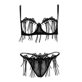 

Women Exotic Lingerie Set Open Chest Three-point Bralette Briefs Sets Sexy Embroidered Lace Tassel Open Bra with Tassel G-string