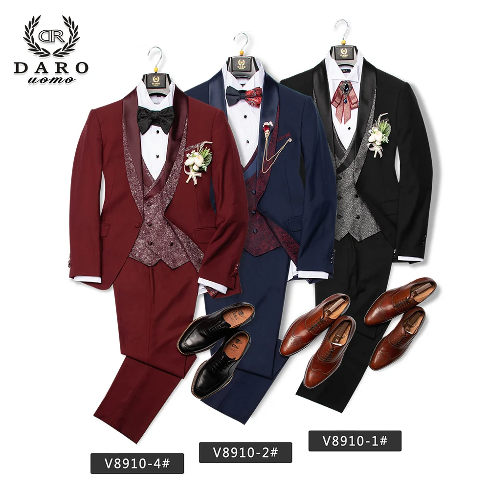 DARO-traje de novio para hombre, esmoquin de boda, nuevo estilo, chaqueta ajustada, chaleco, pantalón, 3 piezas, negro, azul, blanco, fiesta, DRV8910, 2020