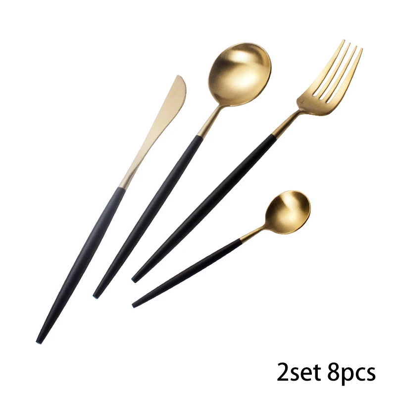2 Set 8PCS Набор столовых приборов класса люкс из нержавеющей стали столовый сервиз позолоченный Свадебный черный золотой набор посуды вилка в западном стиле набор - Цвет: 2 Set 8PCS