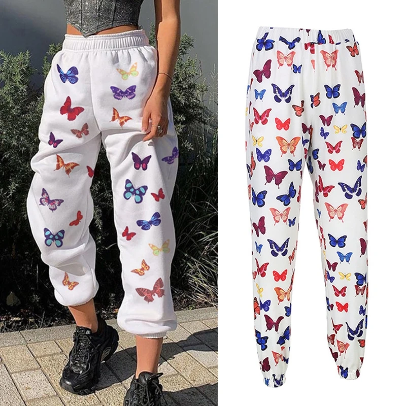 

Women High Waist Jogger Pants Colorful Butterfly Graphic Printed Sweatpants Hip Hop Baggy Loose Lounge Trousers Pockets