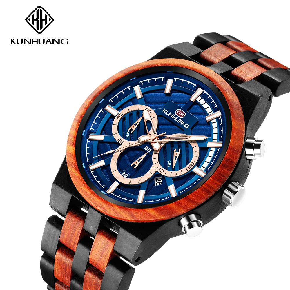 Wooden Watch Male KUN HUANG KH1018 Luxury Stylish Wood Timepieces Date Chronograph Military Quartz Watches in Gift Box Dropship (1)