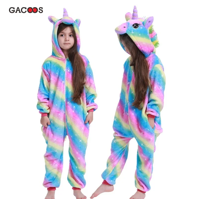 Для девочек; пижама в виде животных единорог пижамы для детей зима, Kugurumi Стич», «панда» Детская одежда для сна, пижамы Onesie аниме-комбинезон - Цвет: rain-bow
