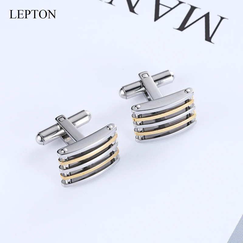 Lepton Silver & 18K Gold Color Cuff Links Stainless Steel Cufflinks for Men Wedding Business Father Day Birthday Gifts Cufflink