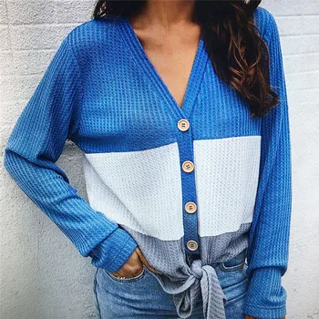 

Women's Sweaters Autumn Winter 2019 Fashion Button Casual V-Neck Patchwork Color Cardigans Sweaters Elegant Women Knitting Mujer