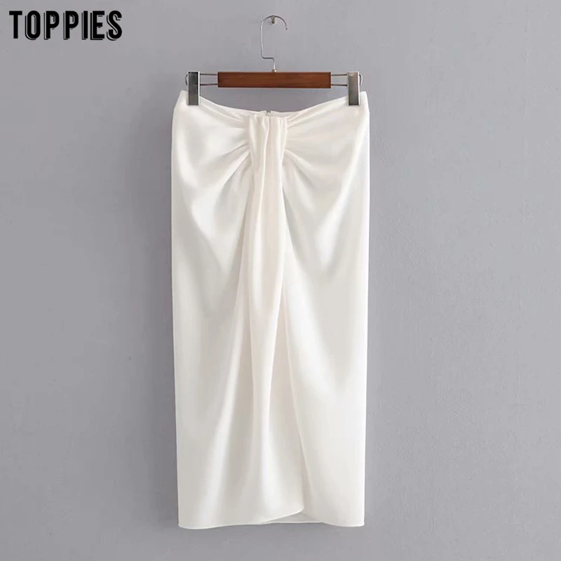 Женские юбки средней длины летние белые с узелком и высокой талией на молнии