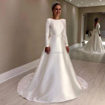 

Generous Satin Long Sleeves Wedding Dresses Sexy Backless Scoop Neck Vestidos Noiva Simple Sweep Train Bride Gown with Bow 2020