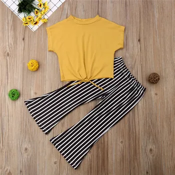

2-7T Toddler Kids Girls Summer Clothes Set Solid Loose Tops Blouse Short Sleeve Striped Leggings Pants Outfits