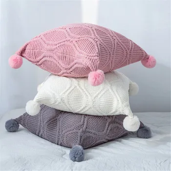 

45x45cm Knit Cushion Cover with Cute Decor Ball Soft Square Pillow Case Nordic Home Zipper Cushion Sleeve for Sofa Bed Chair