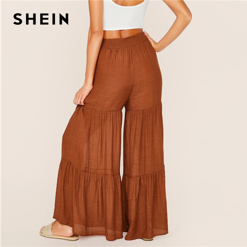 SHEIN коричневые с высокой талией Многослойные Гофрированные Брюки Палаццо осень Boho для женщин, с эластичным поясом Shirred широкие брюки