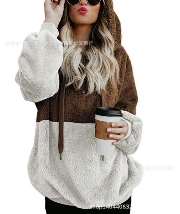  Winter Warm Casual Double Fuzzy 1/4 Zip Sweatshirt Faux Fleece Pocket Long Sleeve Oversize Sherpa P