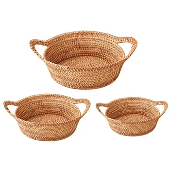 

3PCS Rattan Storage Basket Autumn Vine Rounded Storage Basket Fruit and Vegetable Storage Tray