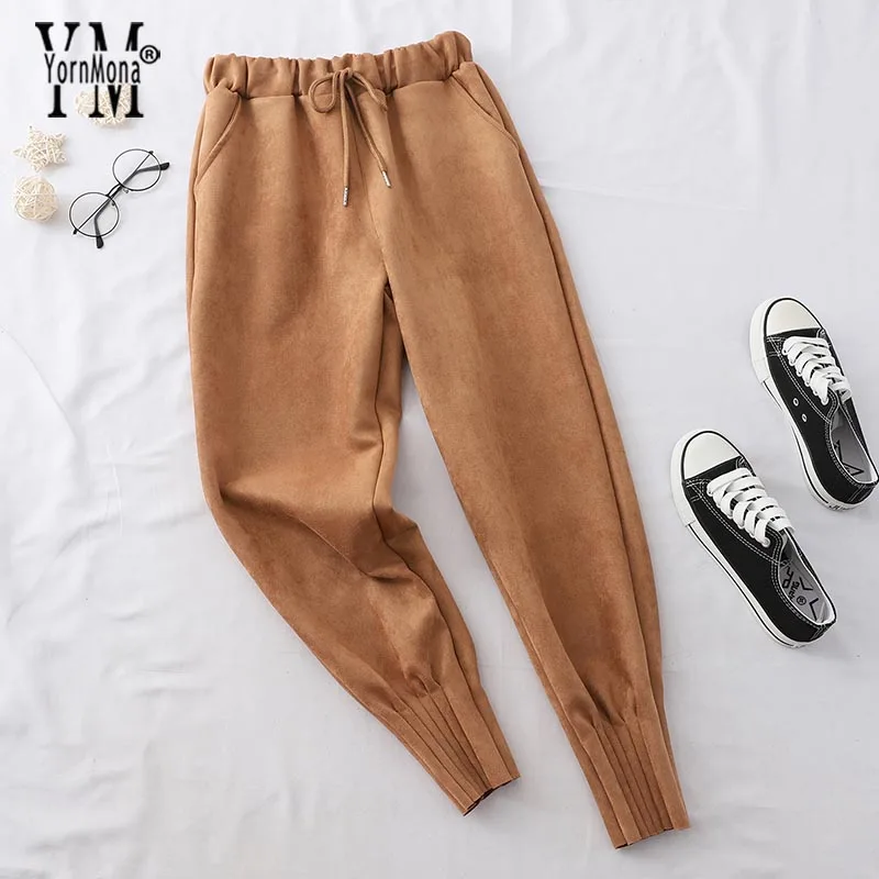 Jornmona/Винтажные замшевые штаны-шаровары для женщин, Европа, Осень-зима, длина по щиколотку, женские брюки Харадзюку, повседневные штаны, брюки - Цвет: Хаки