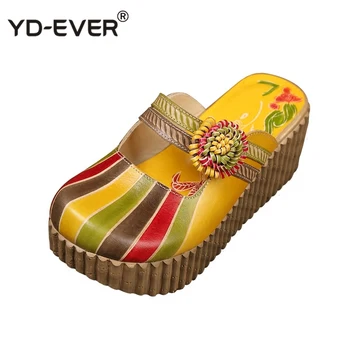 

2020 Summer Shoes Women Wedge Slides Cover Toes Handmade Flower Thick Heels Genuine Leather Lady Platform Slippers