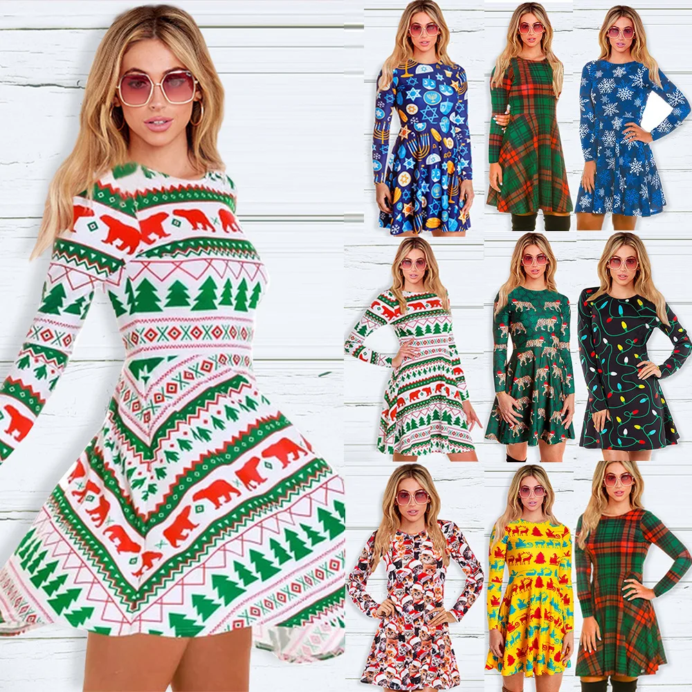 

iMucci Colorblock Print Designer Women Dress O-Neck Knee-Length Slim Ladies Clothing Autumn Winter Long Sleeve Christmas Dresses