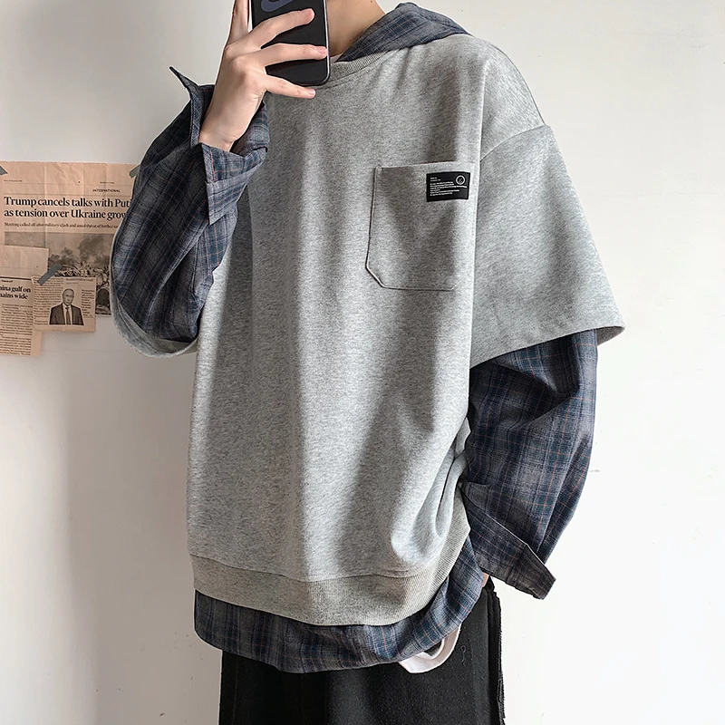 

LEGIBLE Spring Autumn Patchwork Hoodies Mens Hip Hop Fake Two Pieces Hooded Sweatshirts Mens Korean Hoodies Male Clothes