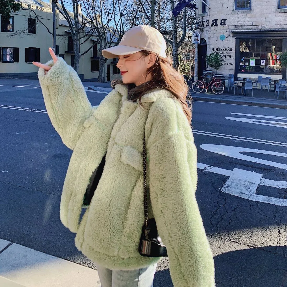 

Photo Shoot Vigorous GIRL'S Green Fold-down Collar Single Breasted Fur Best Friend Lamb Plush Cotton Coat Short Coat Winter