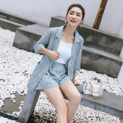 Летний Полосатый Рабочий комплект короткие костюмы для женщин тонкий стильный