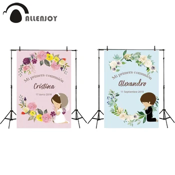 

Allenjoy My First Communion Photo Booth Colorful Flowers Boy Girl Baby Shower Photography Backdrop Pink Blue Party Curtain Decor