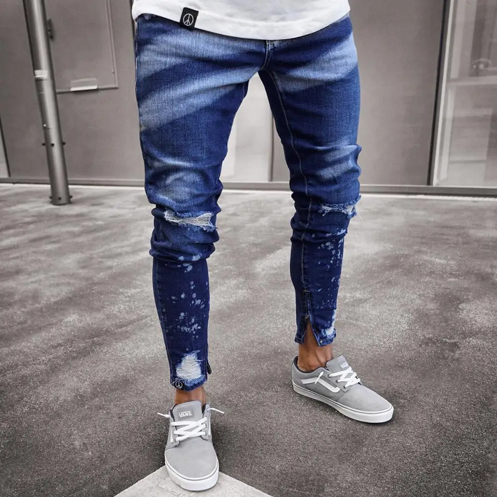 

Mens Fashion Dye Skinny Stretch Jeans Distressed Ripped Jeans Freyed Denim Trousers Cool Streetwear Pants