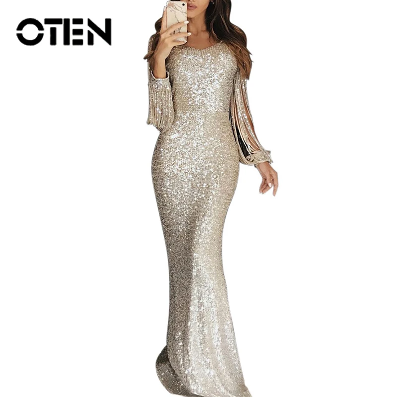 OTEN 2019 Evening Party Dress Women Bright Sexy V-Neck Bodycon Slim Autumn Tassel Long Sleeves Solid Color Femme Robe Sequin | Женская