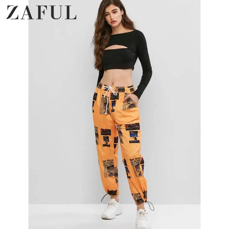 Zaful, ослепительный принт, женские повседневные штаны для бега, средняя посадка, тумблер, шнурок, женские брюки, ветровка, двойные карманы, женские штаны