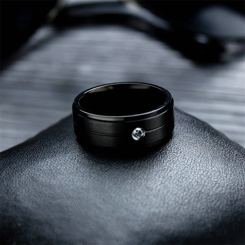 AZIZ BEKKAOUI Black Engrave Name Stainless Steel Rings for Men DIY Wide Crystal Ring Male Finger Rings Gift