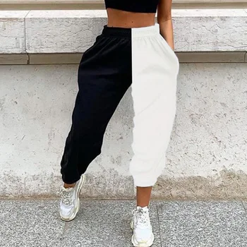 

2020 Black High Waist Jogger Pants Women Sweat Pants Winter Color Block Pants Women Korean Sweatpants Streetwear