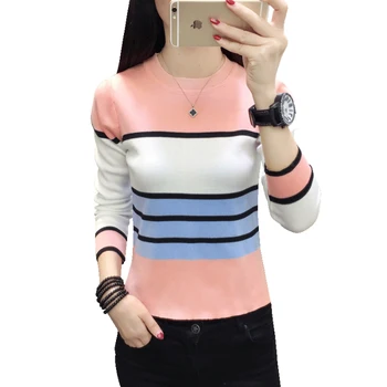 

Zoki Fashion Women Pullover Sweater Autumn Long Sleeve Striped Jumper Knit Top O-neck Korean Female Winter Lady Basic Blouse