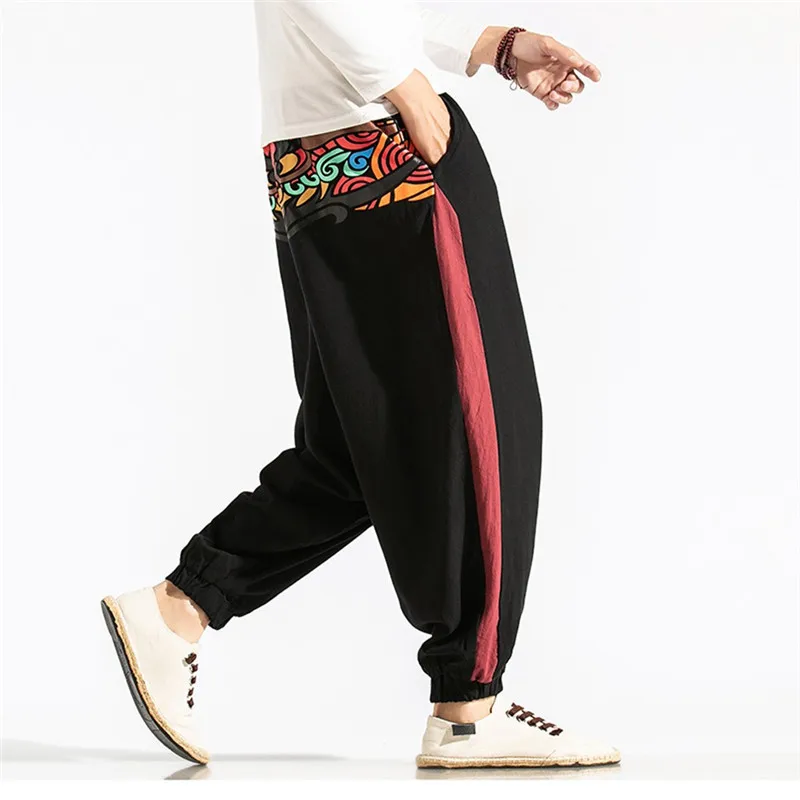 Linen Pants Men Large Print Vintage Cotton Cargo Trousers Pantalones hombre Streetwear Joggers Hip hop Pantalon homme Sweatpants
