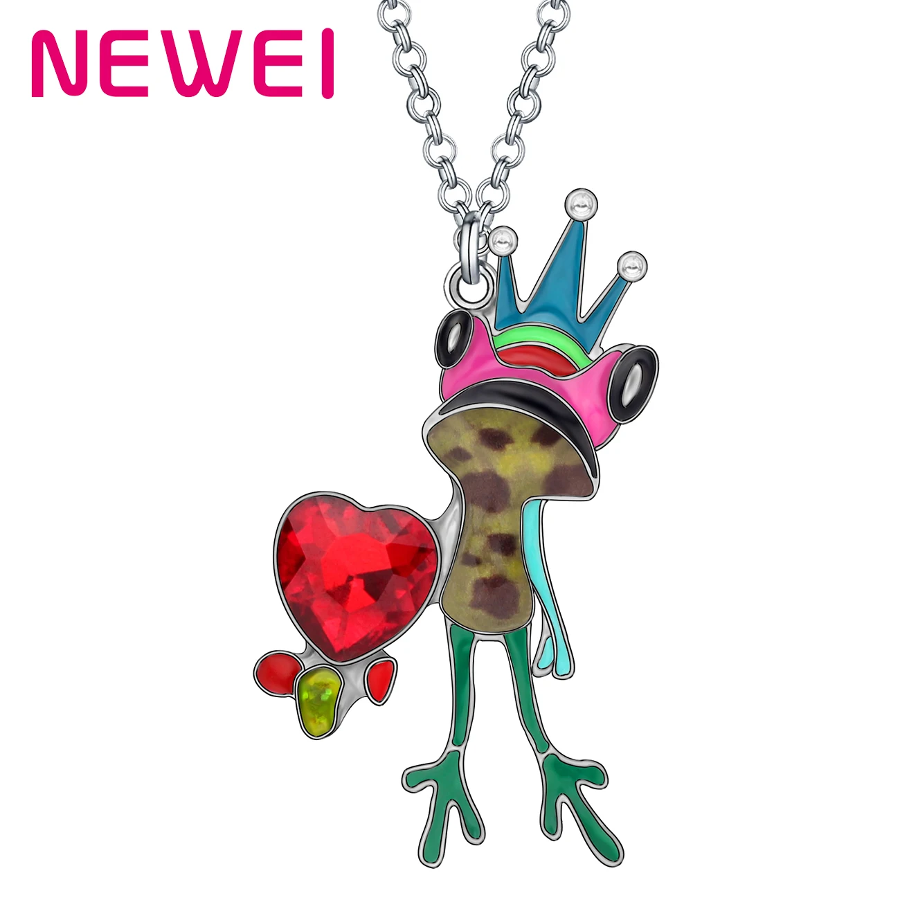Newei 에나멜 합금 크리스탈 라인석 크라운 개구리 목걸이 여성을 위한 귀여운 동물 펜던트 쥬얼리, 아이 연인 패션 축제 선물 ...