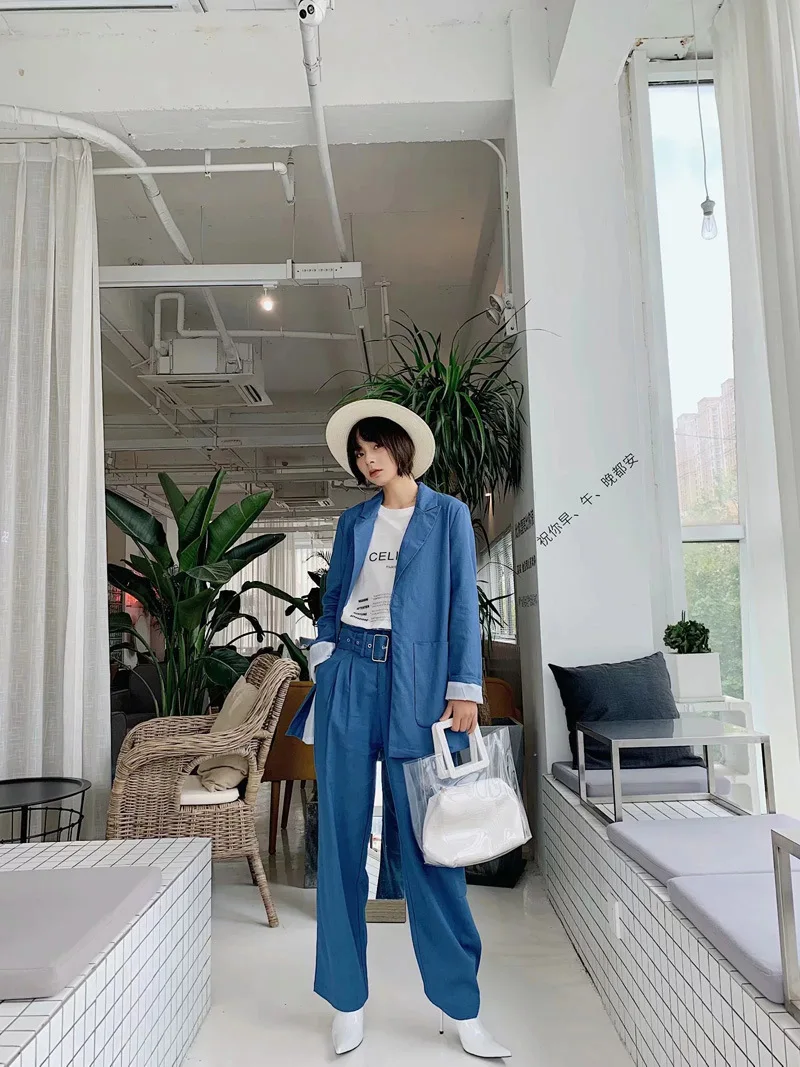 Heydress женские осенние пояса Блейзер костюм Офисная Леди синий карман хлопок и лен брюки женский модный блейзер для работы