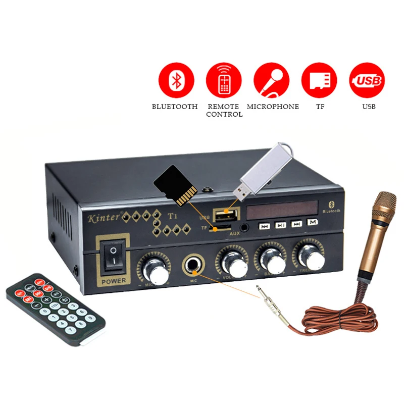 Kinter T1 2.0CH усилитель аудио с микрофоном/USB/TF/FM/AUX воспроизведение стерео звук управление бас для Домашнего Караоке автомобиля ЕС разъем