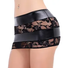 Сексуальные женские Лоскутные юбки из искусственной кожи, кружевная Цветочная открытая юбка с запахом, женские тонкие прозрачные кожаные мини юбки