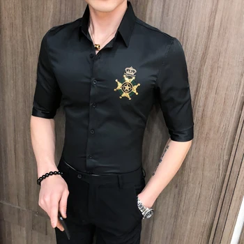 

Casual Shirt Men Blouses Korean Men Clothes 2020 Summer Men Shirt Streetwear Slim Fit Embroidery Decoration Half Sleeve Shirts