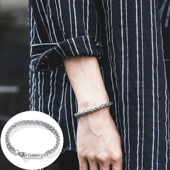 

Personalized Engrave Stamp Name Initial Bracelets for Men Metal Spiga Wheat Chain Wristband Casual Punk Jewelry 21cm