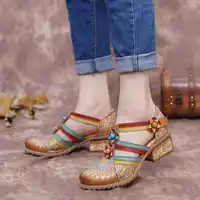 SOCOFY Retro Bohemia Ethnic Style Stitching Embossed Beading Floral Chunky Heel Sandals Pumps Women Shoes Botas Mujer 2020 6