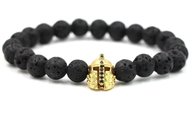 10mm cr32 elastic adjusted nature black stone volcanic lava bead micro pave Spartan helmet cz cubic zirconia Bracelet | Украшения и