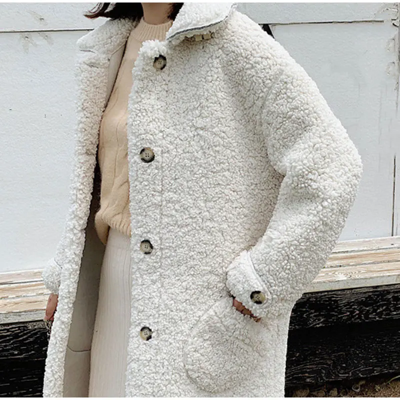 Зимнее длинное пальто из овечьей шерсти, Женское пальто из искусственного меха с отложным воротником, однотонное теплое пальто для девушек, осень, утолщенная теплая верхняя одежда для женщин