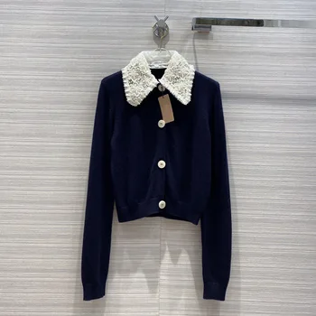 

High Quality Wool Sweater Cardigan 2020 Autumn Women Sweet Age-reducing Water-soluble Embroidery Stitching Pearl Casual Cardigan