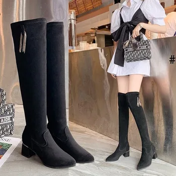 

Women's Boots Autumn 2020 Thick Heel Women Over The Knee Stretch Boots High Heel High Top Fashion Boots Women Pointed Toe Flock