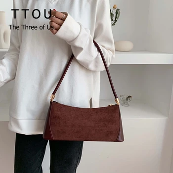 

TTOU Small Shoulder Bags for Women Scrub Leather Baguette Shape Bag Brand Mini Designer Black Brown Female Handbags Purse Clutch