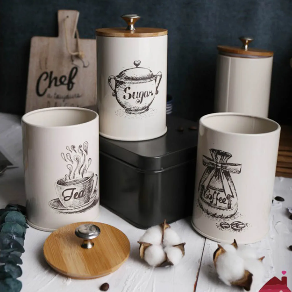 3Pcs/Set Retro Home Tea Time Kitchen Coffee Tea Sugar Container Jars Tin Metal Jar for Office Home Restaurant Tea Room Storage 2