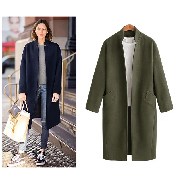 

Autumn And Winter New Style Europe And America Large Size Dress Stand Collar Mid-length Woolen Jacket Fat Mm Solid Color Long Sl