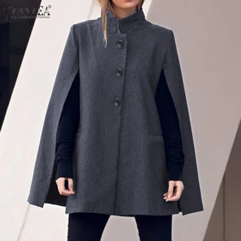 

Spring Cardigan ZANZEA Women Button Down Jackets Solid Stand Collar Cloak Cape Fashion Open Front Coats Poncho Female Streetwear