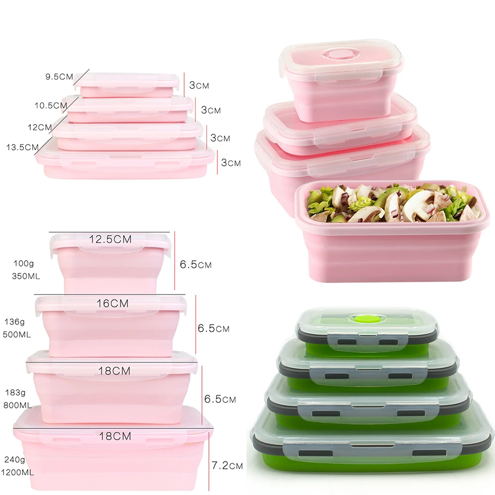 

4PCs Folding Kitchen Refrigerator Storage Box Silicone Food Container Storage Tray Keep Fresh Fruit Lunch Box Container